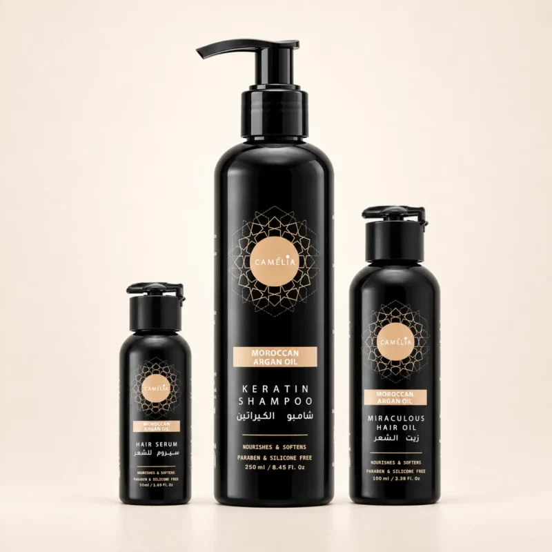 Pack Camélia : shampoing kératine, huile et sérum capillaire à l’huile d’argan